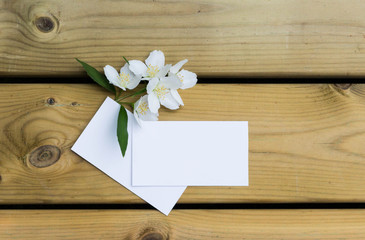 Bussiness card mockup. Bussiness cards on wood background with jasmine.