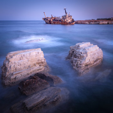 Abandoned rusty ship Edro III near Pegeia, Paphos, Cyprus at sunrise