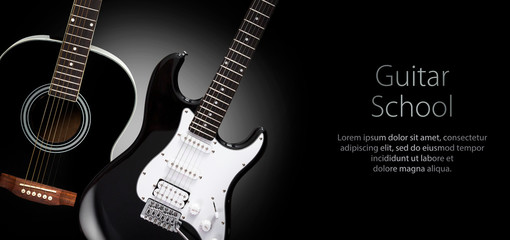 Obraz na płótnie Canvas Black acoustic and electric guitars on a black background.