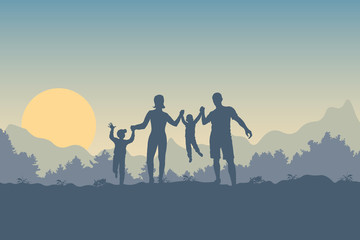 Fototapeta na wymiar Happy children and parents. Father, mother and two boys on a background of a sun, forest and mountain landscape. Silhouettes of people - young family outdoors. Flat vector illustration.