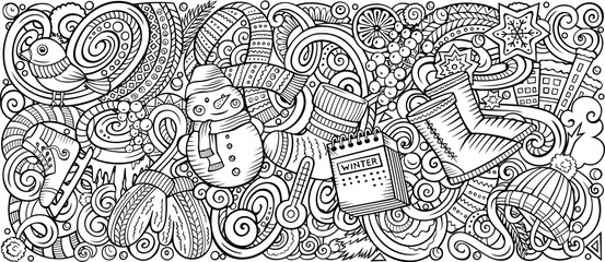 Cartoon doodles cute Winter horizontal stripe illustration.