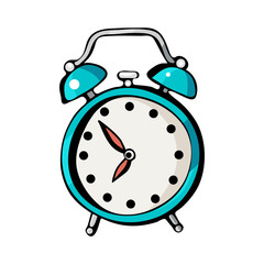Alarm clock, vector drawing isolated on white background. Cartoon Doodle of cute, colorful illustrations. Funny works of art. Hand-drawn sketch. Logo design, symbol, emblem,