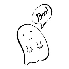 Ghost. Cute Halloween ghost with speech bubble. Boo lettering. Vector. isolated on white background. Hand drawn childish illustration. Used for wallpaper, pattern fills, web page
