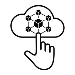 Centralized database management. Accessing cloud of centralized data. Network cloud storage of information. Hand reaching out for cloud information