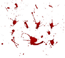 Messy blood blot, red drops on white background. Vector illustration, maniac style. Big splashes