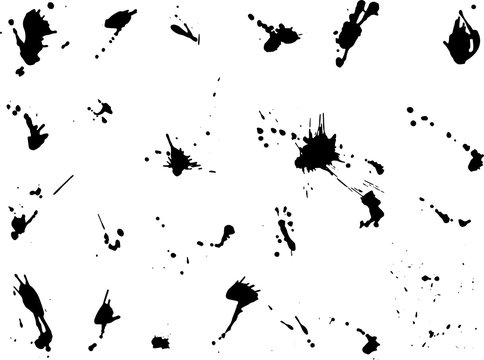 ink blot collection, big set of isolated spots, black drops on white background.