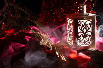 Christmas Background Concepts with .Lantern, candles and cookies