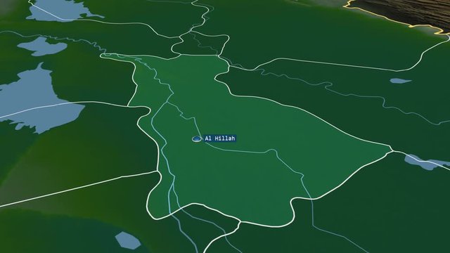 Babil - province of Iraq with its capital zoomed on the physical map of the globe. Animation 3D
