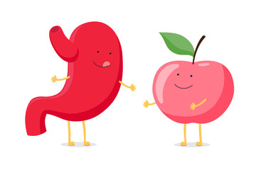 Strong healthy happy stomach smiling licking lips yummy emotion character with red apple. Human digestive tract system organ with eco food nutrition. Vector illustration