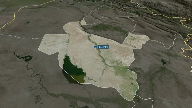 Sala ad-Din - province of Iraq with its capital zoomed on the satellite map of the globe. Animation 3D