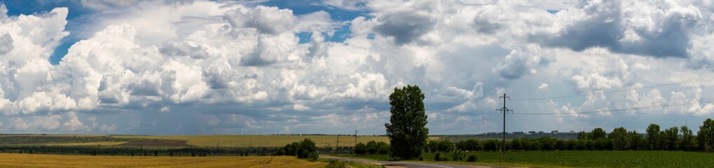 Fototapeta na wymiar Wheat fields before the rain. Cumuliform cloudscape on blue sky. The terrain in southern Europe. Fantastic skies on the planet earth. The sun is hidden. Panorama.