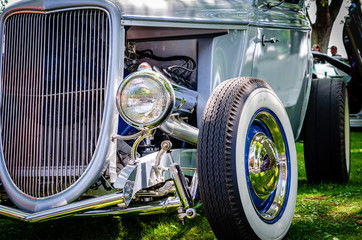 Close-up view of an open wheel hot rod