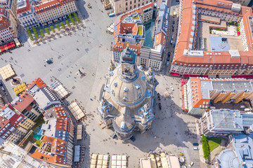 View on the main city square with famous church of Our Lady. Dresden city, Germany