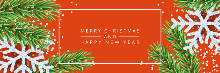 Merry Christmas, Happy New Year poster, banner background. Vector 3d realistic illustration of snowflakes, fir branches