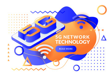 5G network wireless internet technology poster, banner design. Smartphone, letters 5g, vector 3d isometric illustration