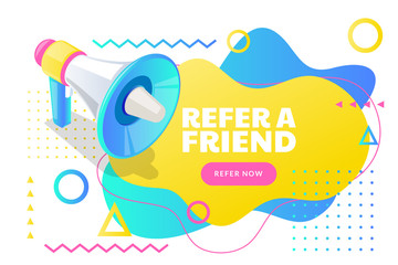Refer a friend poster, banner design. Vector 3d isometric illustration for business marketing, referral network program