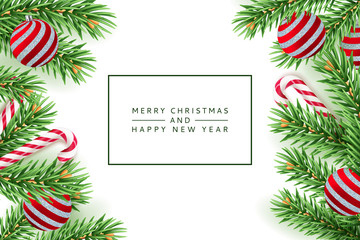 Merry Christmas, Happy New Year poster, banner. Vector 3d realistic illustration of pine branches, balls, striped candy