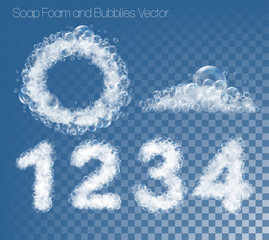 Set of numbers and figures made out of soap foam and bubbles on transparent background. Vector illustration.