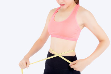 Beautiful slim young asian woman measuring tape thin waist wear uniform fitness isolated white...