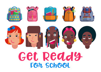 Back to School vector illustration. Childrens heads ready to school with colorful backpack. New school backpacks and rucksack advertising poster. Children get ready to school.