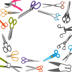Scissors with colored handles frame, vector illustration. Beauty salons or tailors tools, shears and scissors in round circle frame. Barbershops supplies, tools, design for card, print, poster.