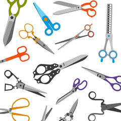 Scissors for tailors, barbers vector pattern. Illustration of thinning scissors, shears for beauty salons or shops. Fashion professional hairdressers tools isolated on white.