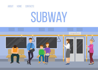 Subway underground train car interior with commuting passengers sitting standing vector illustration. Subway web template in blue colors.