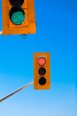 Confusing green red traffic lights sky copyspace