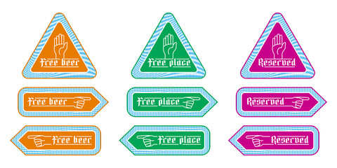 Obraz premium Stickers direction signs for customer service in beer tents at Oktoberfest. Notified labels with finger pointing Free beer, free place, reserved. To left to right indicator. Set of vector illustration