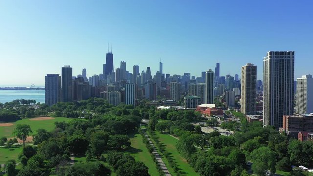 Chicago skyline with city park Aerial view