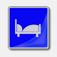 Illustration.Web blue button with silver frame, reflection and bed symbol isolated on white background.