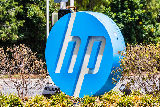 August 5, 2019 Palo Alto / CA / USA - HP logo at the entrance to the Company&rsquo;s campus in Silicon Valley