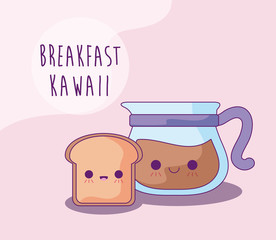 bread slice and teapot with coffee for breakfast kawaii style