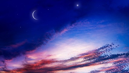 Fototapeta na wymiar Beautiful dark fluffy cloudy sky with sun rays . Crescent moon with beautiful sunset background . Generous Ramadan . New moon. Prayer time. 
