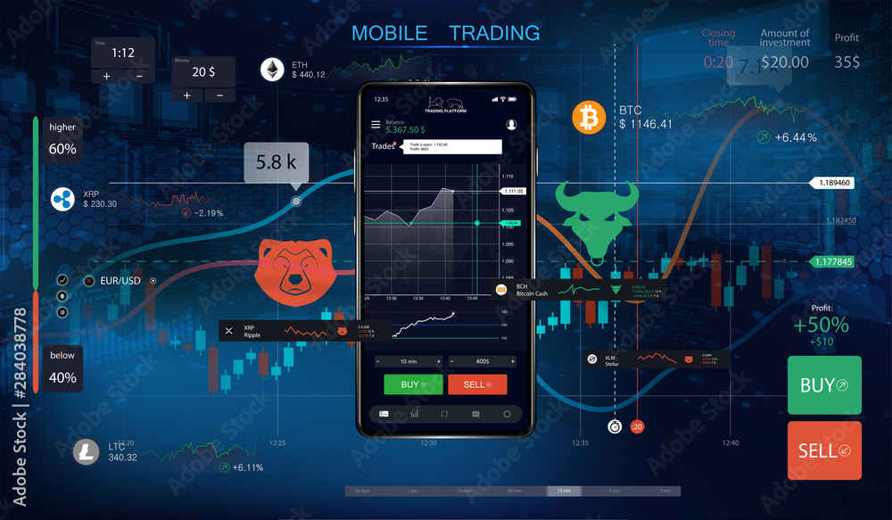Poster Mobile stock trading with candlestick and financial graph charts on screen. Futuristic background with smartphone and interface for cryptocurrency trading. Market trade. Binary option. Vector 