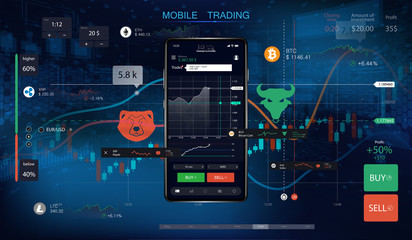 Mobile stock trading with candlestick and financial graph charts on screen. Futuristic background with smartphone and interface for cryptocurrency trading. Market trade. Binary option. Vector 