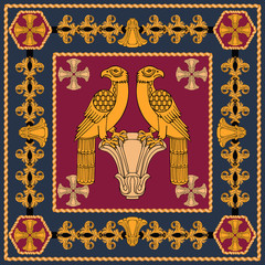 Scarf with a pattern of golden birds on a burgundy background