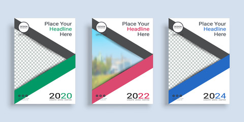 Poster cover book design template in A4 layout with space for photo background, 3 Color ways included, Use for annual report, proposal, portfolio, brochure, flyer, leaflet, catalog, magazine, booklet.