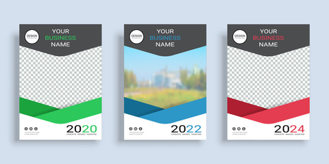 Poster cover book design template in A4 layout with space for photo background, 3 Color ways included, Use for annual report, proposal, portfolio, brochure, flyer, leaflet, catalog, magazine, booklet.