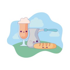 teapot with set food in landscape kawaii style