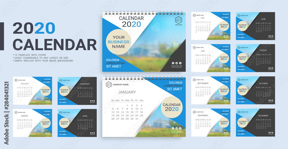 Wall mural desk calendar 2020 template, 12 months and 13 template with cover included in a5 but easily to chang