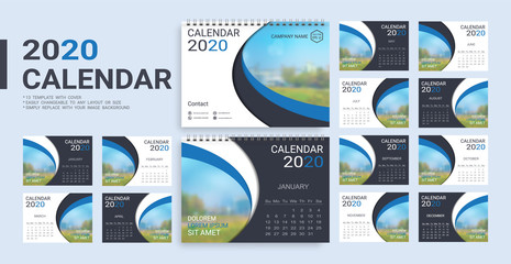 Desk Calendar 2020 template, 12 months and 13 template with cover included in A5 but easily to changeable to any layout or size and simply replace with your image background.