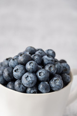 Close up of fresh blueberries in a white ceramic cup on a light gray background