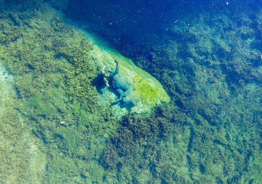 Life-sized sculpture of a mermaid in Lake Badersee, near Grainau, Werdenfelser Land, aerial view, Upper Bavaria, Bavaria, Germany, Europe