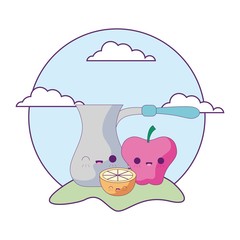 cute teapot with set fruits in landscape kawaii style