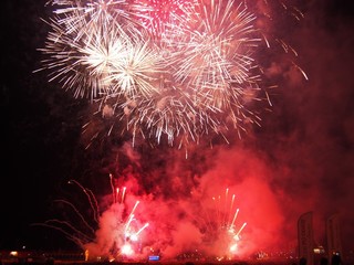 Pyro Magic Firework Festival 2019 in Szczecin Poland (August 2019), red and white fireworks, summer festival, festivity, firework competition, summer event, season's greeting, new year eve