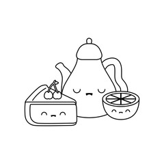 cute teapot with sliced cake and orange kawaii style