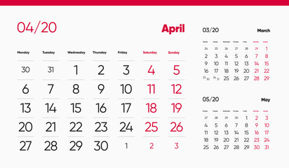 APRIL PAGE. 12 Months Premium 2020 Calendar Grid Set. Table, Wall, Desk, Quarter Diary Calendar 2020 Year Design. Clean, Simple Diary Planner. Vector, Editable