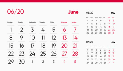 JUNE PAGE. 12 Months Premium 2020 Calendar Grid Set. Table, Wall, Desk, Quarter Diary Calendar 2020 Year Design. Clean, Simple Diary Planner. Vector, Editable