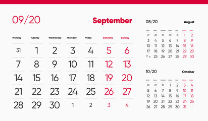 SEPTEMBER PAGE. 12 Months Premium 2020 Calendar Grid Set. Table, Wall, Desk, Quarter Diary Calendar 2020 Year Design. Clean, Simple Diary Planner. Vector, Editable
